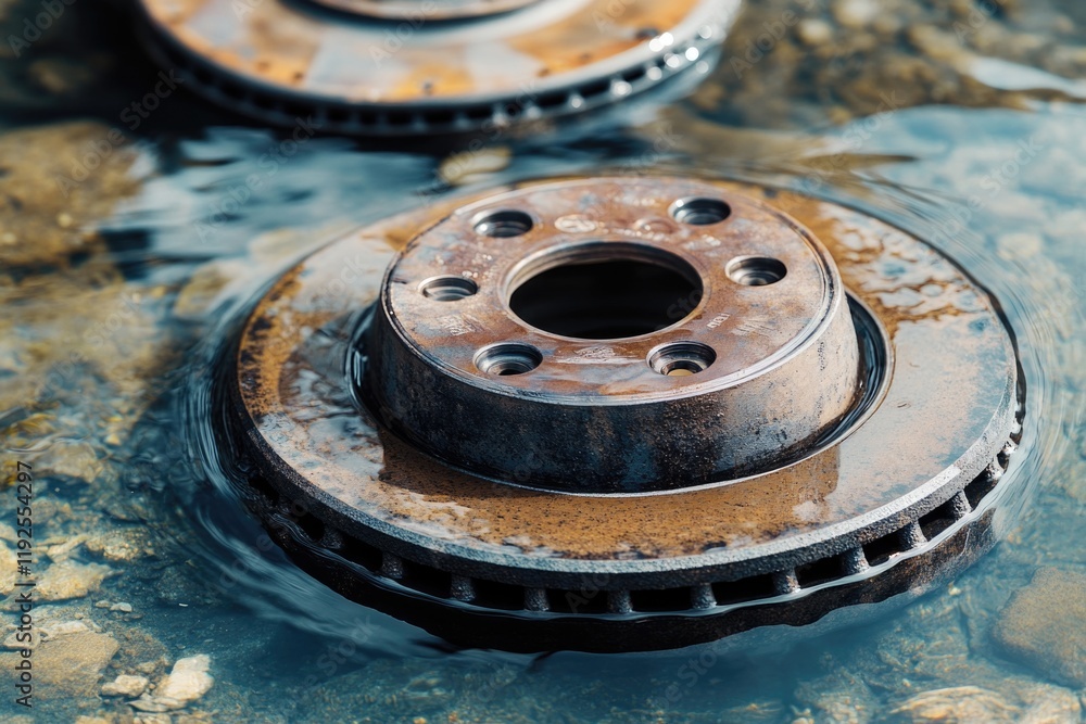Poster close-up view of two rusty discs submerged in a body of water