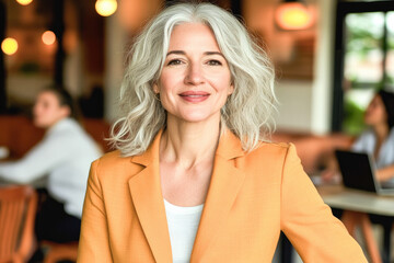 Obraz premium Confident senior woman in an orange blazer smiling in a modern office space, symbolizing leadership and success. 