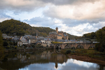 Panoramic View of Estaing Village and Castle with Reflections on the Lot River, Occitania, France