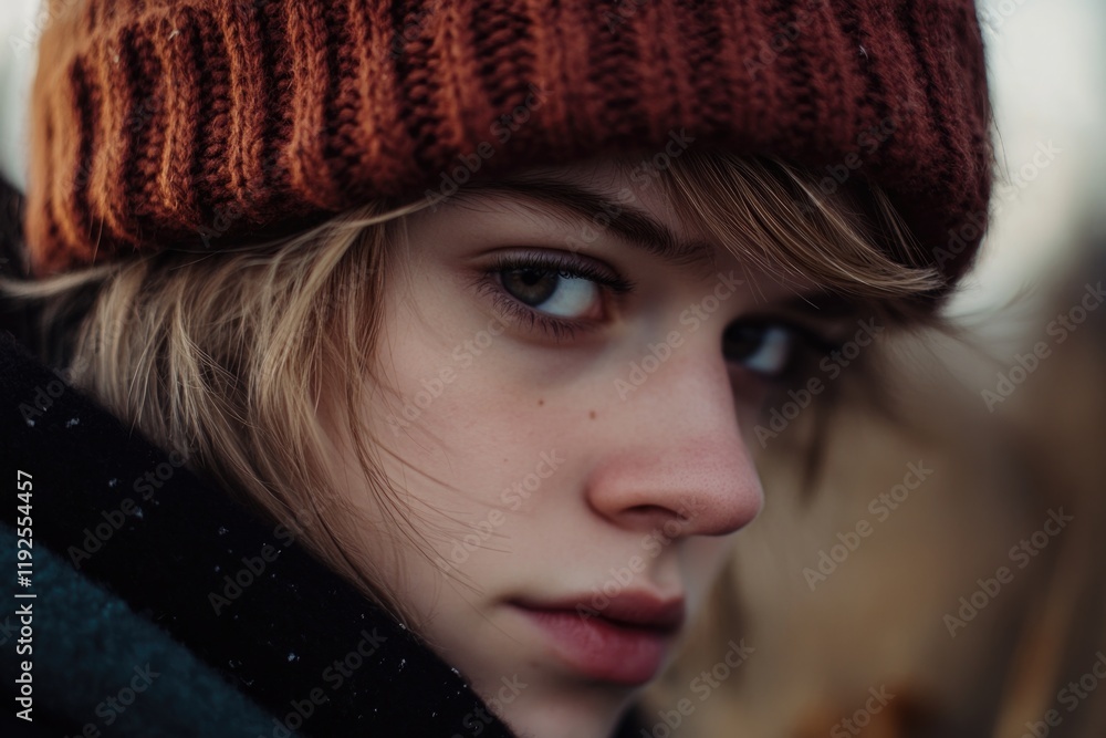 Poster a close-up shot of someone wearing a hat, suitable for use in portraits or scenes where character de