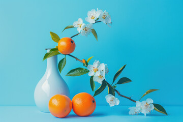 Minimalistic Still Life with Oranges and Flowering Branch on Vase on Blue Background