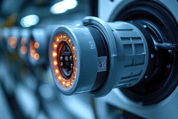 A close-up view of a light source shining brightly on a mechanical device