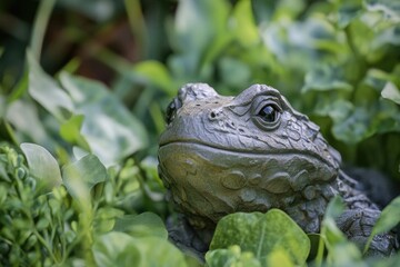 Obraz premium A small bronze frog statue placed on a green leaf in a lush garden setting