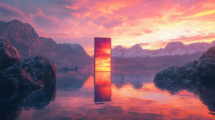 Sunset Monolith: A digital art piece depicting a colossal, obsidian monolith standing serenely in a mountain lake, its surface reflecting the vibrant hues of a breathtaking sunset.