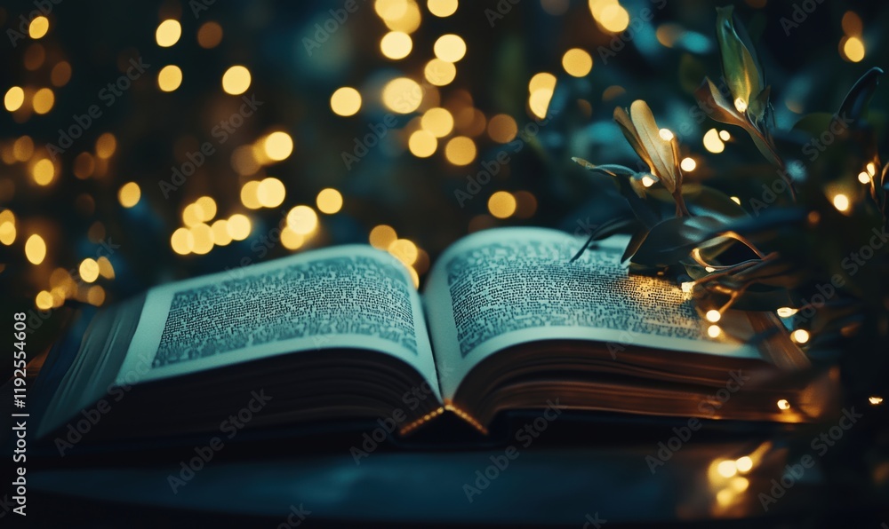 Poster open book illuminated by warm bokeh lights, surrounded by greenery, creating a cozy and inviting atm