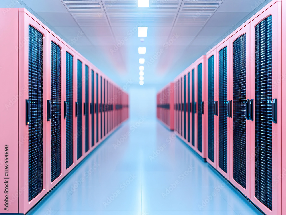 Poster modern data center with pink server racks, illuminated by soft lighting, showcasing advanced technol