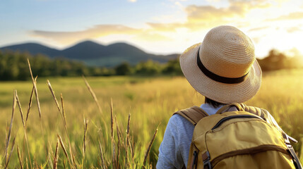 person with backpack enjoys sunset view over mountains in field