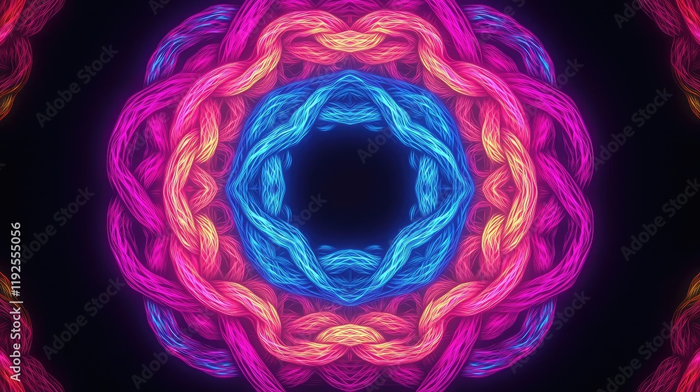 Poster minimal symmetry idea. a vibrant neon pattern showcasing intricate intertwining shapes and vivid col