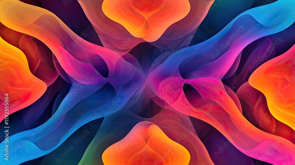 Poster minimal symmetry idea. vibrant abstract waves in shades of blue, orange, and pink create a dynamic v