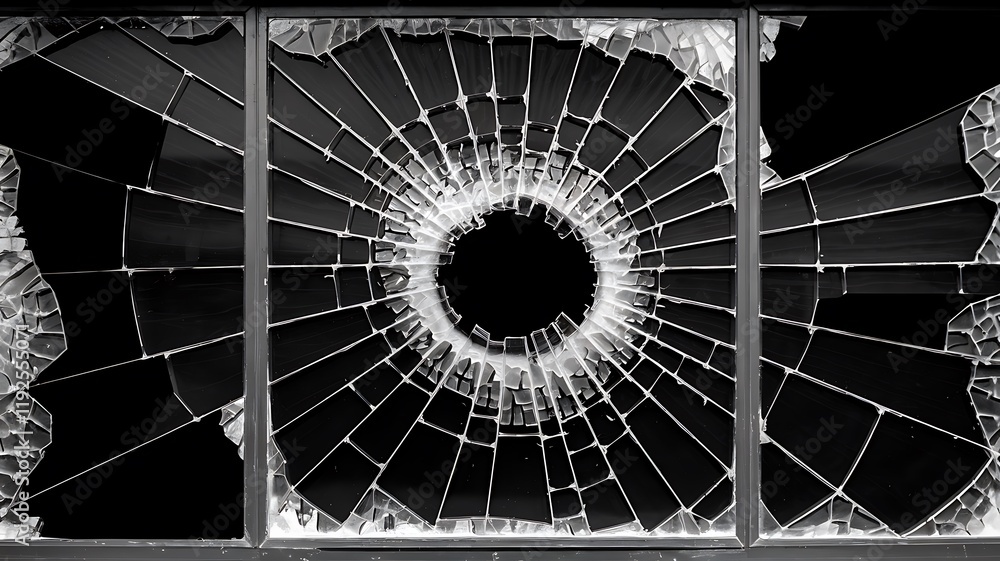 Poster black-and-white photograph of a shattered window, featuring a central void with spiderweb-like crack