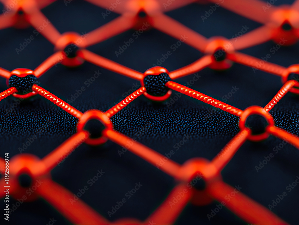 Poster close up of glowing red network structure on dark textured surface, symbolizing connectivity and tec