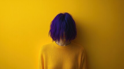 Young Woman with vibrant purple hair on yellow background. Epilepsy awareness, Purple Day concept