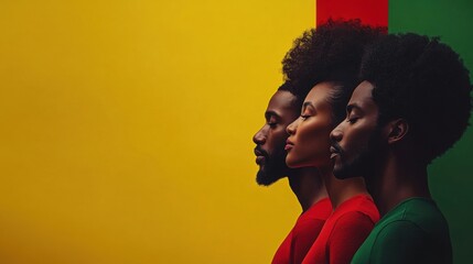 National black history month celebration. Diverse, Unity.  African American People in Vibrant Red, Yellow, Green.