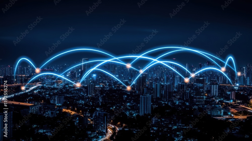 Poster nighttime city skyline with illuminated network connections displaying technology and urban developm