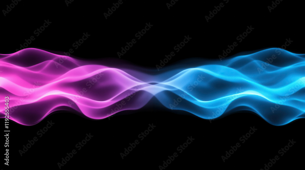 Poster abstract neon waveforms: ethereal pink and blue neon waveforms intertwine and flow against a stark b
