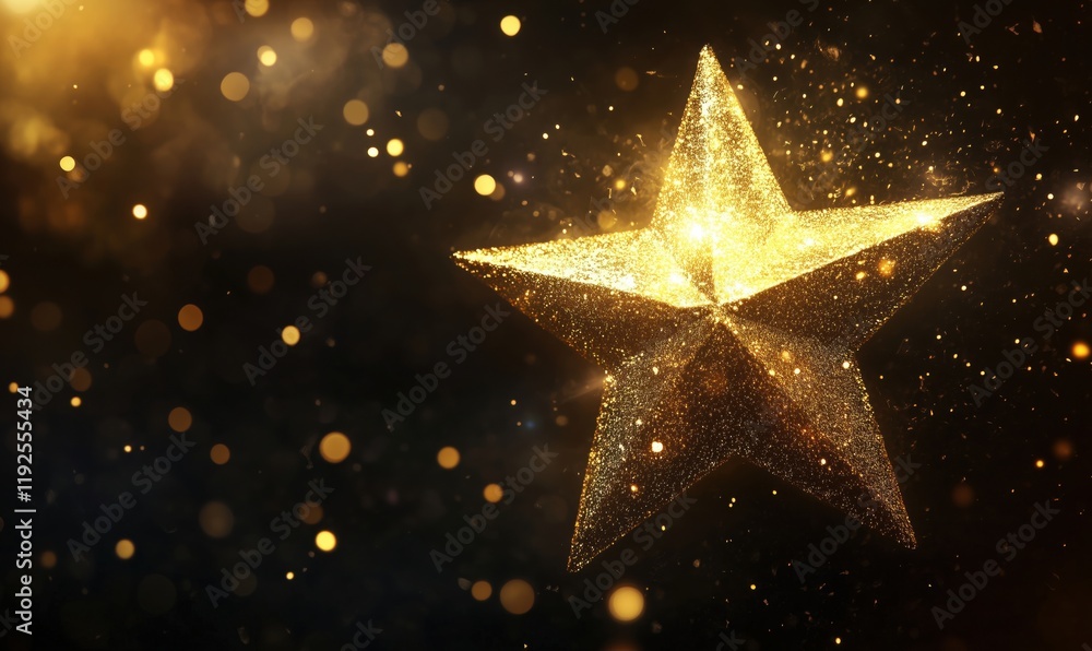 Poster glittering golden star with sparkling particles and bokeh effect, creating a magical and festive atm
