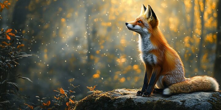 Red fox sits on rock, autumn forest, magical light - Powered by Adobe