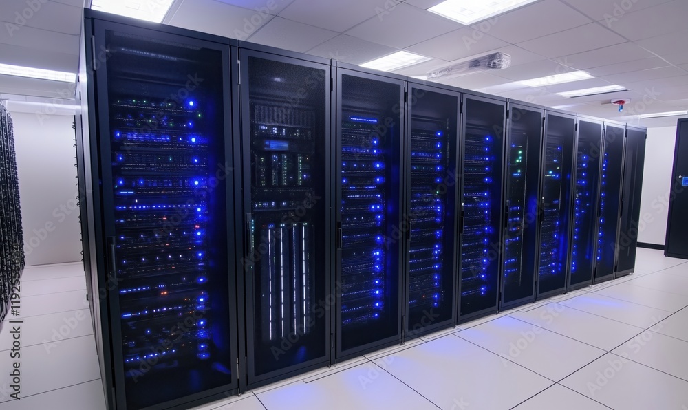 Poster data center with rows of illuminated server racks showcasing advanced technology and efficient cooli