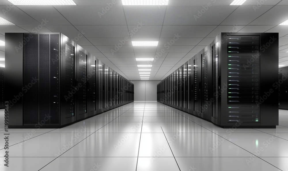 Poster data center with rows of server racks, modern technology infrastructure, high-capacity storage, and 