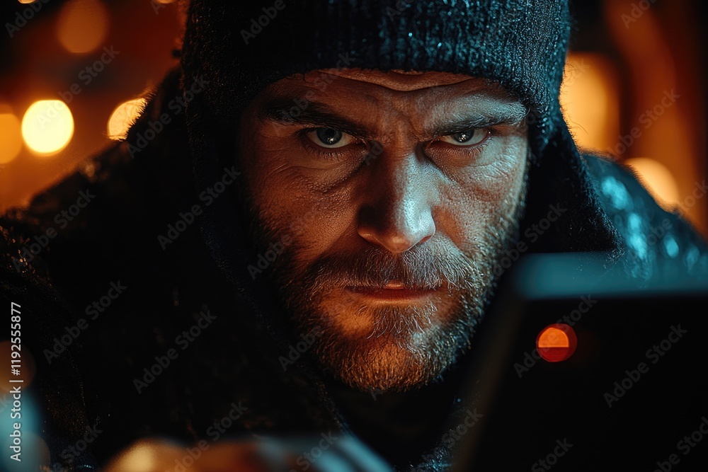 Poster a person examining their phone in a dimly lit environment, potentially waiting for a response or che