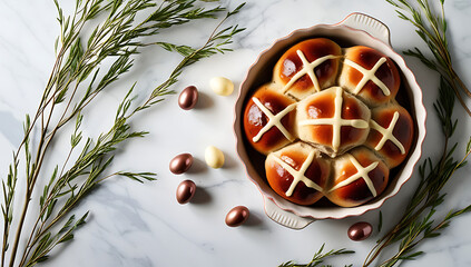 Homemade Easter Hot Cross Buns with Chocolate Eggs, a home baking concept, Traditional British Dishes, traditional easter pastries, created with generative ai