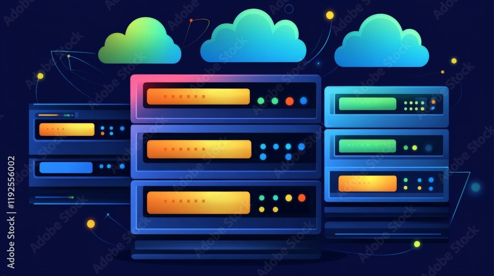 Poster abstract cloud computing network illustration with glowing connections, representing futuristic data