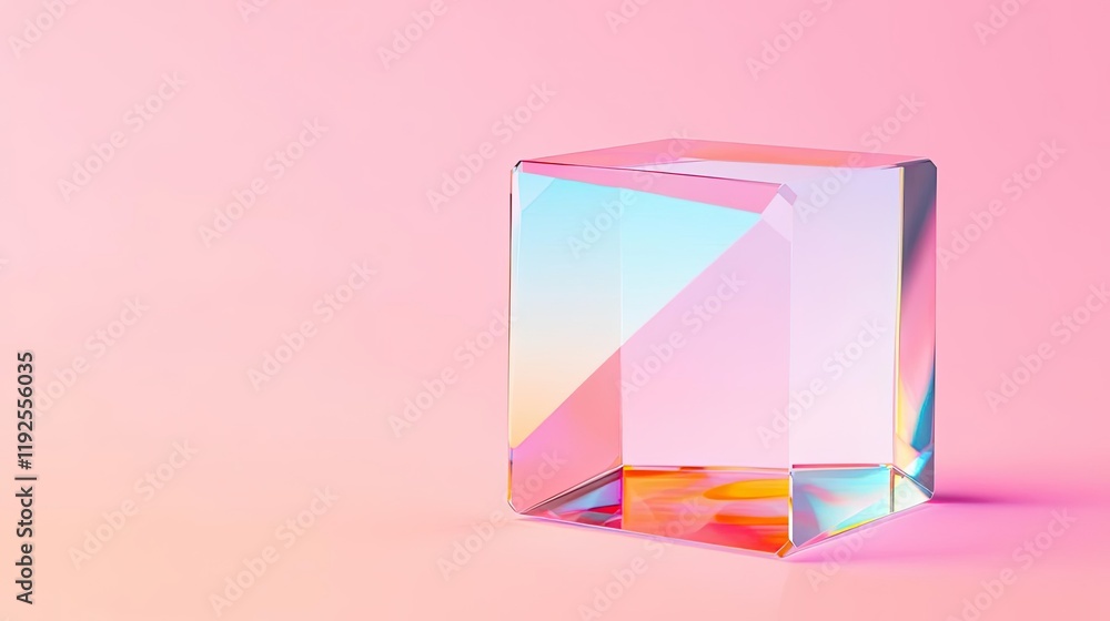 Poster minimal symmetry idea. a colorful glass cube with reflections on a soft pink background.