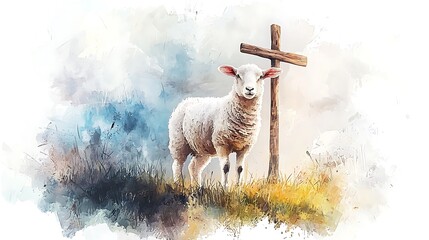 A Lamb Standing Serenely Beside a Wooden Cross in a Painterly Watercolor Landscape.