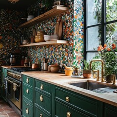 Vibrant Kitchen with Colorful Wall and Natural Light