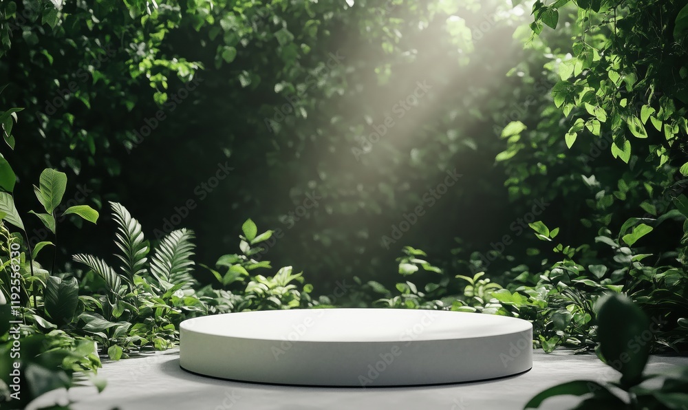 Poster circular podium surrounded by lush green foliage and soft sunlight filtering through trees, creating