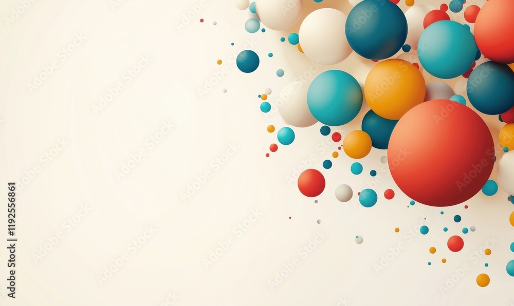 Poster colorful abstract composition of spheres and circles in various sizes and colors creating a dynamic 
