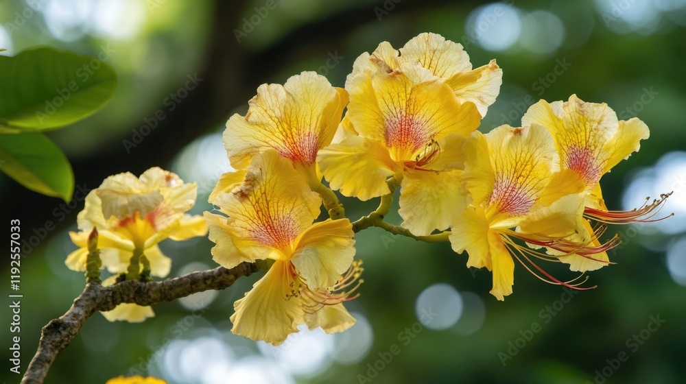 Poster a close-up view of a bright yellow flower growing on a tree branch, ideal for use in nature-inspired
