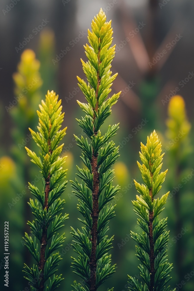 Poster a group of pine trees with lush green leaves in the background