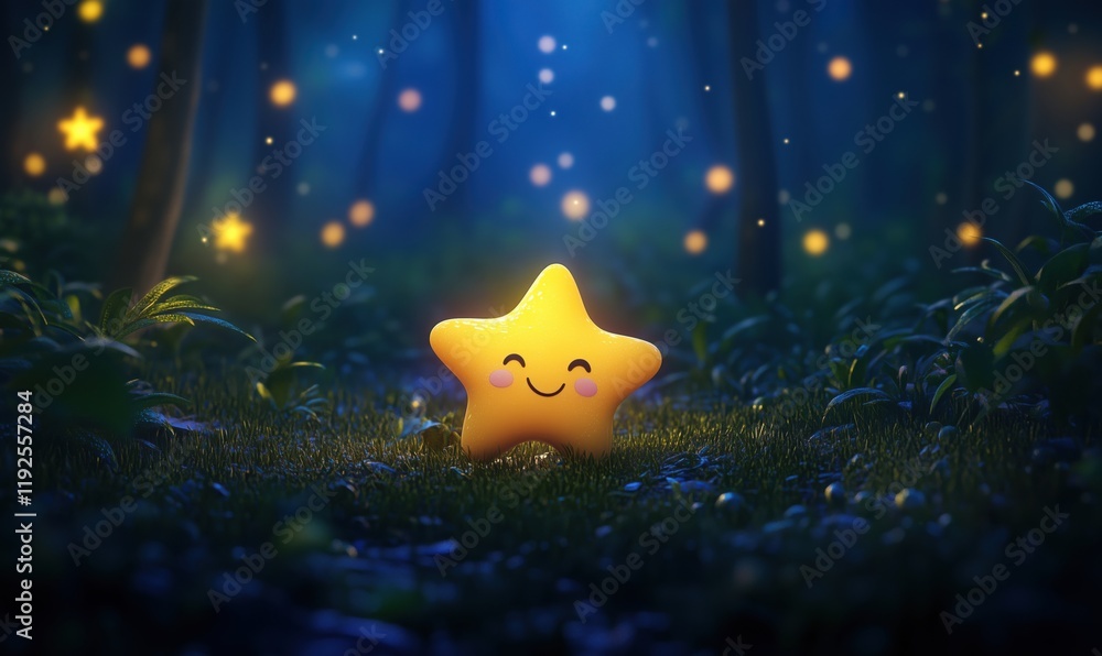 Poster smiling star in enchanting forest with glowing lights and lush greenery, creating a whimsical and ma
