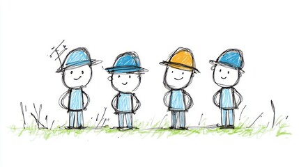 Fototapeta premium Four Whimsical Character Illustrations with Colorful Hats and Cheerful Expressions in a Playful Outdoors Setting