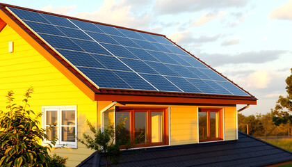 Fototapeta premium Solar panels on the roof of yellow house at sunset, renewable energy concept