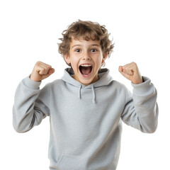 Excited teenage boy in sportswear gray hoodie isolated on transparent background