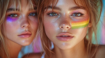 Obraz premium Two friends or sisters celebrating a special occasion or festival with colorful face paint