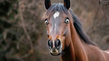 Obraz premium Close-up shot of a horse's face surrounded by lush greenery and tree silhouettes