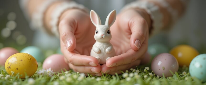 Delicate hands holding a ceramic bunny surrounded by colorful easter eggs on grass