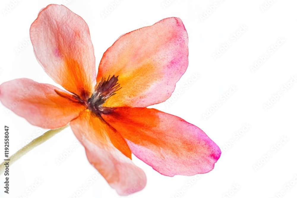 Poster a single pink flower with a green stem on a white background, ideal for use in designs and graphics