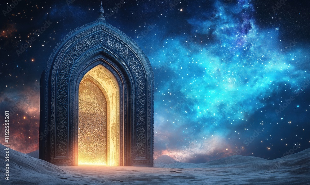 Poster mystical gateway to the cosmos, ornate archway illuminated by celestial light, surrounded by starry 