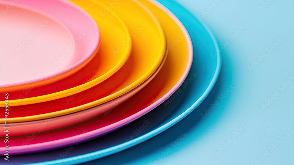 Poster vivid gradient idea. colorful stacked plates create a vibrant table setting against a blue backgroun