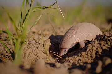 A serene image of a pink fairy armadillo burrowing into the sandy soil of the Argentine Pampas.