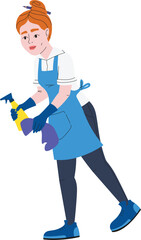Cleaning lady wipes dust. Female character in linear flat style.