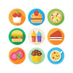 A colorful array of food icons, including desserts, drinks, and savory items, presented in circular designs.