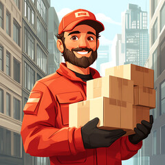 Cheerful Delivery Man Holding Boxes in Modern Cityscape