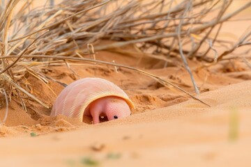Obraz premium A serene image of a pink fairy armadillo burrowing into the sandy soil of the Argentine Pampas.
