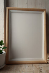 AI generative. 3d render of blank wood frame mockup design scandinavian style. Natural wood and light gray atmosphere. 9