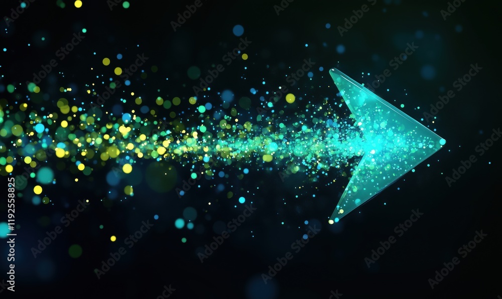 Poster colorful abstract arrow with glowing particles and bokeh effect, representing direction and movement